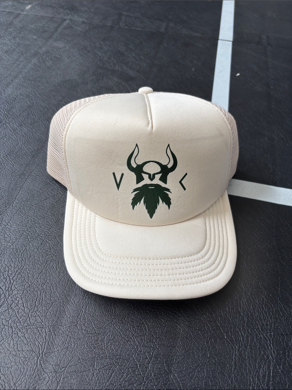 Legacy Cream Trucker Hat with Dark Green Viking Logo